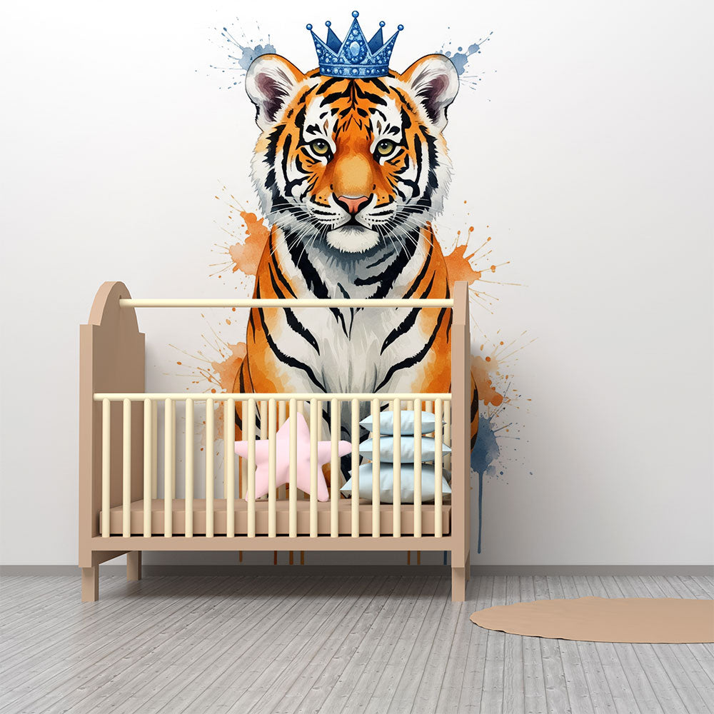 Kids-Mundo crowned tiger cub mural adding artistic charm to a bright playroom wall