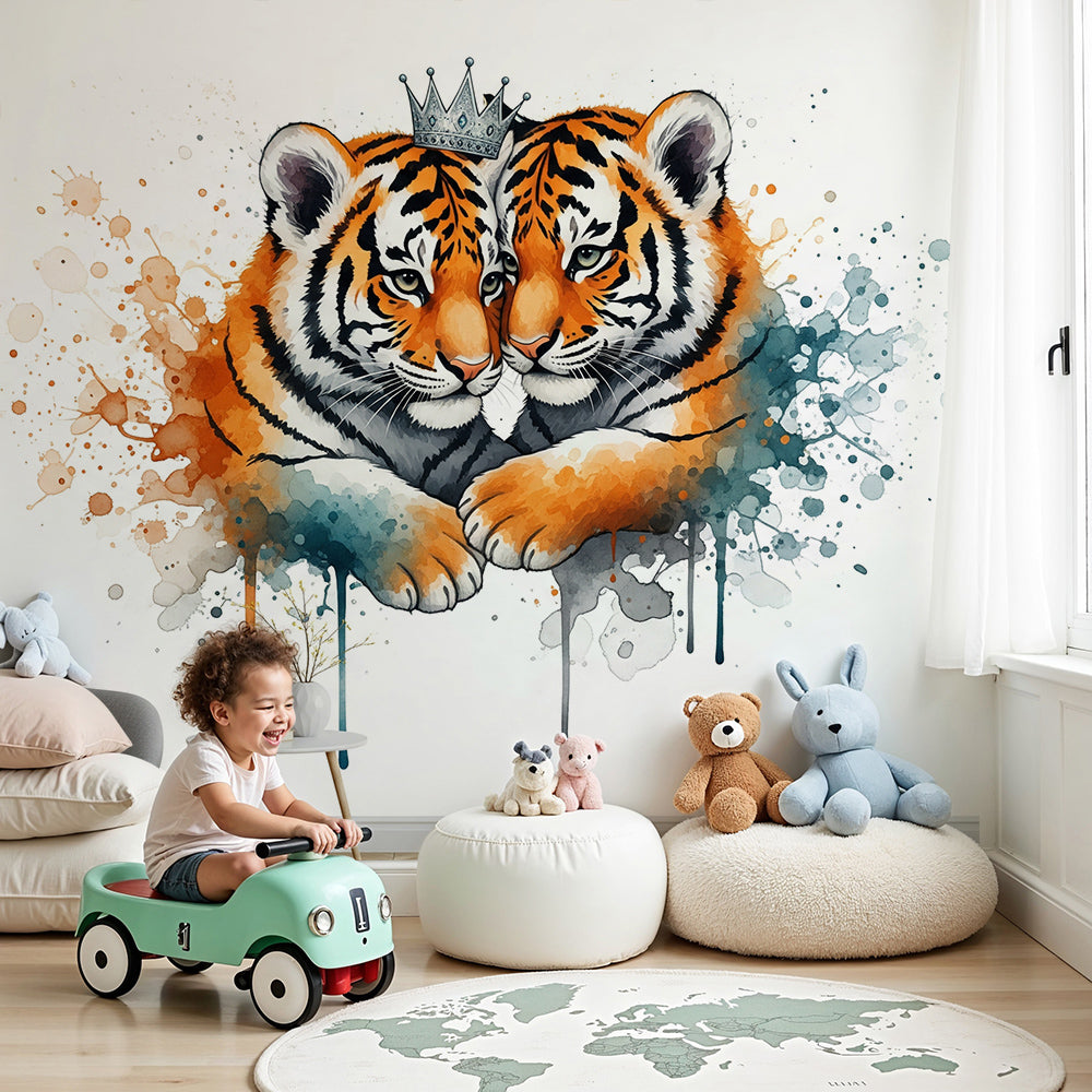 Kids-Mundo crowned tiger cub watercolour wall mural in a soft neutral nursery with a grey armchair