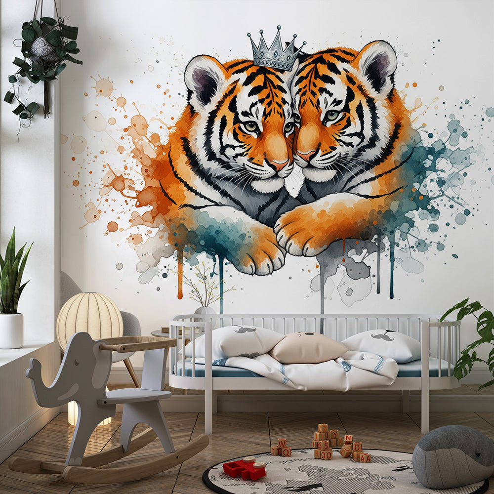 Kids-Mundo crowned tiger mural adds a playful watercolour scene to a colourful children's playroom wall