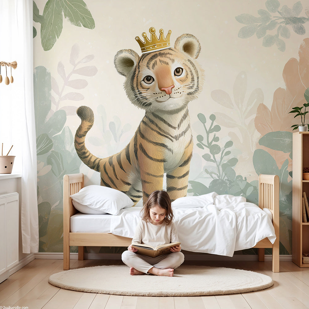 Kids-Mundo crowned tiger jungle wall mural styled in a soft, pastel nursery room.