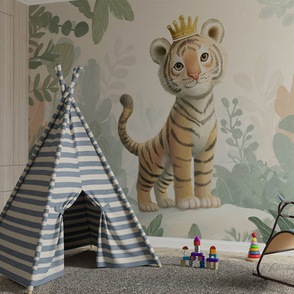 Kids-Mundo crowned tiger cub wall mural adding a playful jungle scene to a playroom.