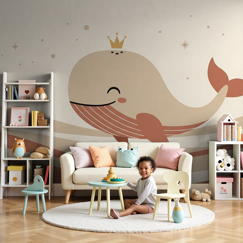 Kids-Mundo smiling crowned whale wall mural styled above a crib in a warm, cosy nursery.