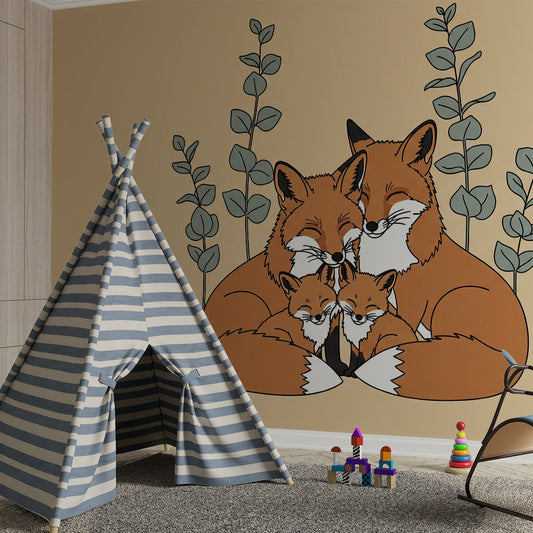 Kids-Mundo fox family wallpaper mural in a cosy children's bedroom setting