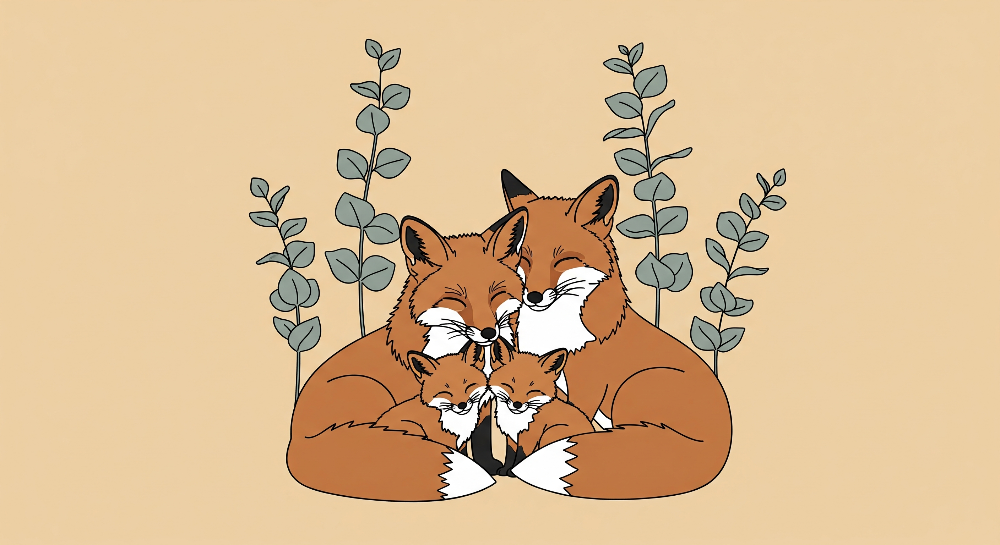 Kids-Mundo flat artwork of a cuddling fox family among eucalyptus leaves