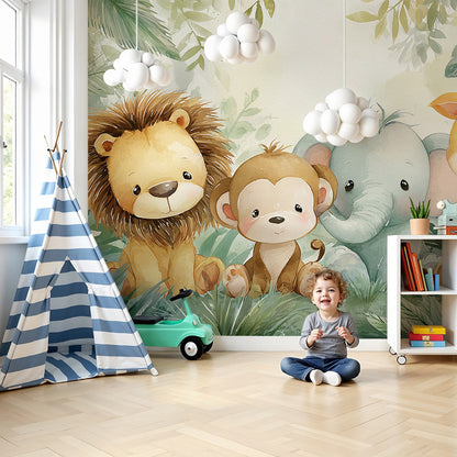 Kids-Mundo cuddly jungle friends wall mural in a calm neutral nursery with a wooden cot.