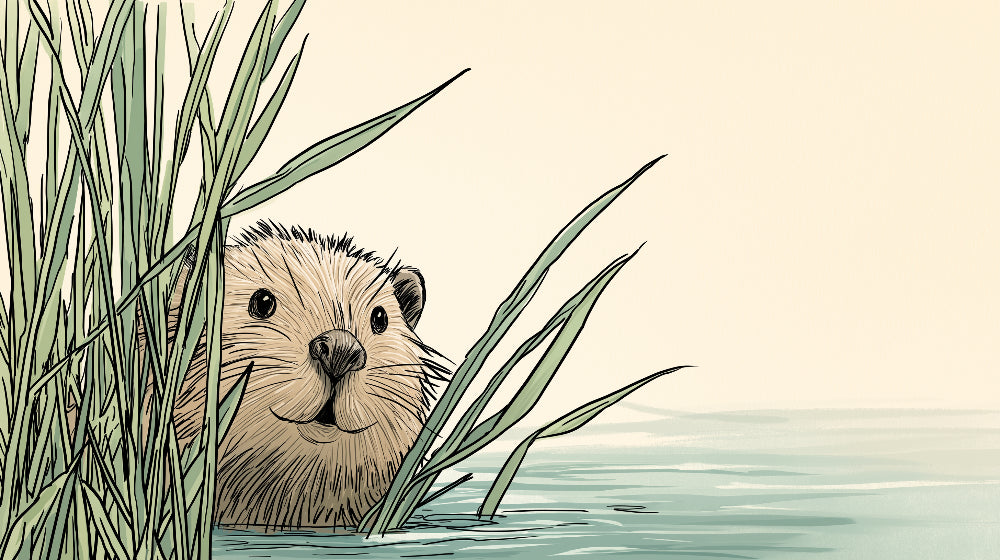 Detailed curious beaver mural wallpaper design pattern showing waterside marsh scene by Kids-Mundo