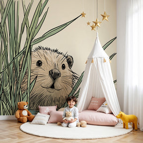 Curious beaver mural wallpaper creating serene waterside atmosphere in modern nursery by Kids-Mundo