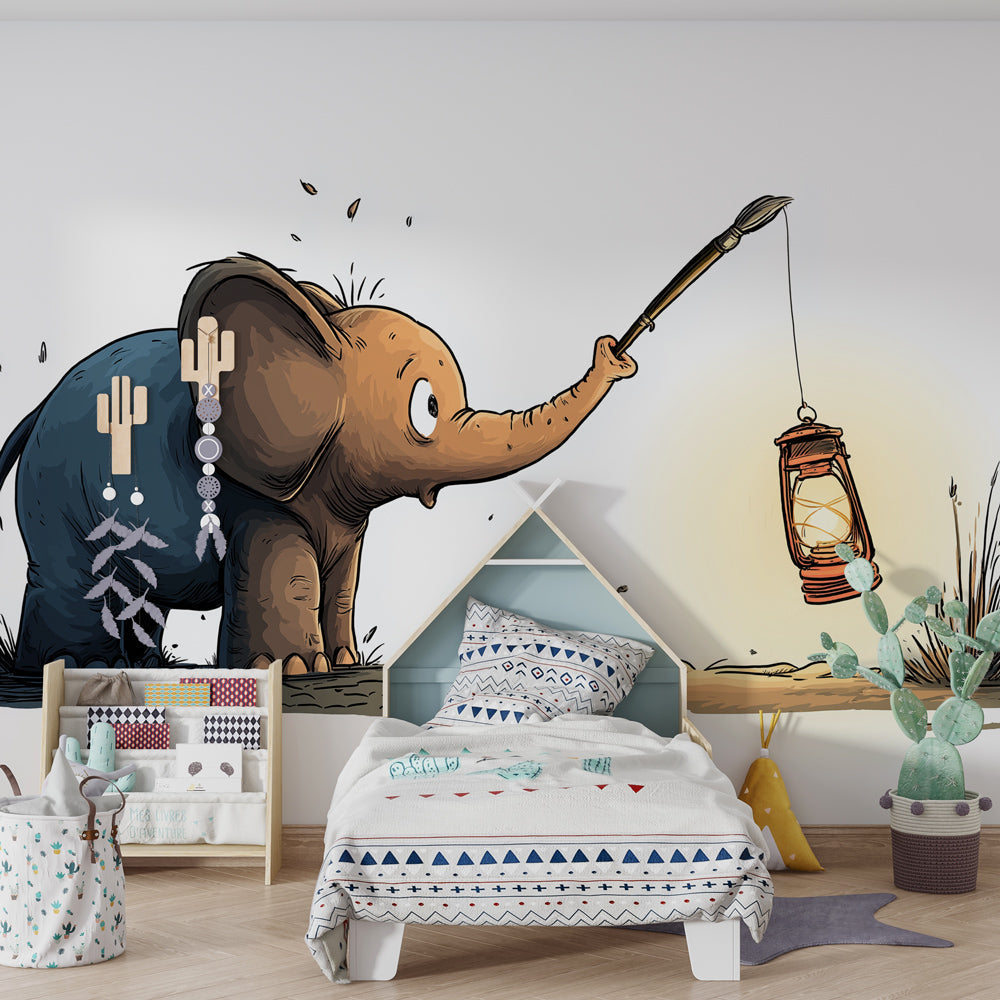 Adventure elephant wallpaper creating cozy atmosphere in children's bedroom decor