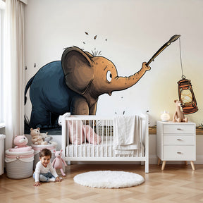 Curious elephant mural wallpaper with lantern light in modern nursery by Kids-Mundo