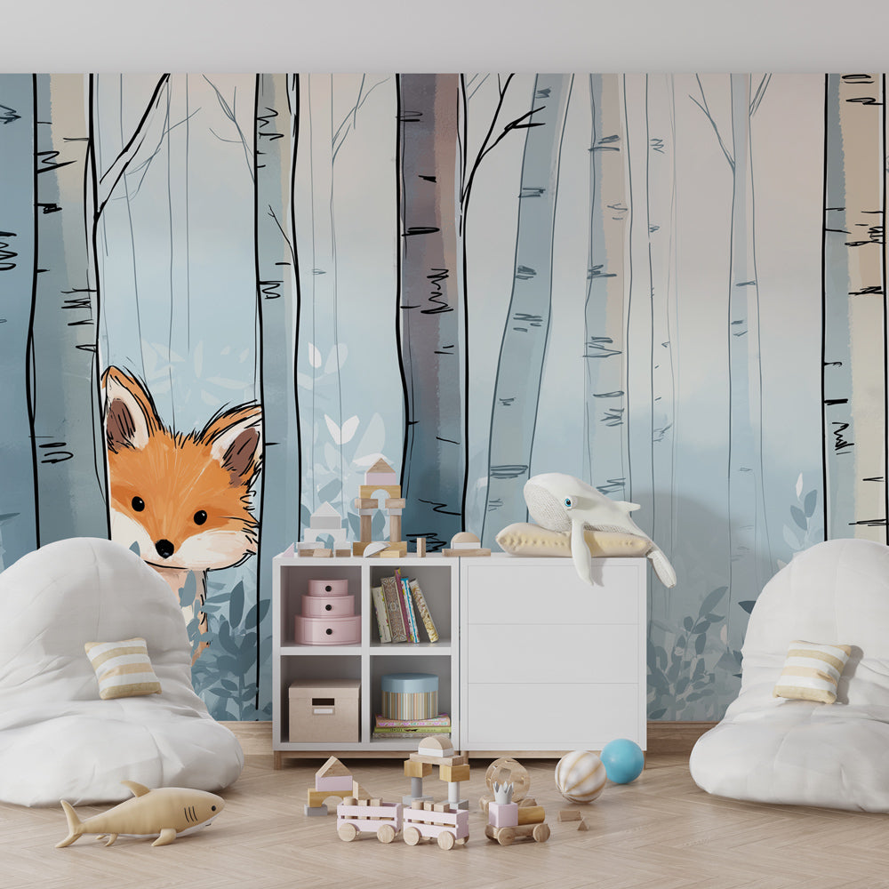 Blue forest fox mural wallpaper transforming kids playroom into winter wonderland