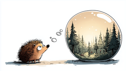 Kids-Mundo flat artwork of a curious hedgehog gazing at a glowing forest bubble illustration