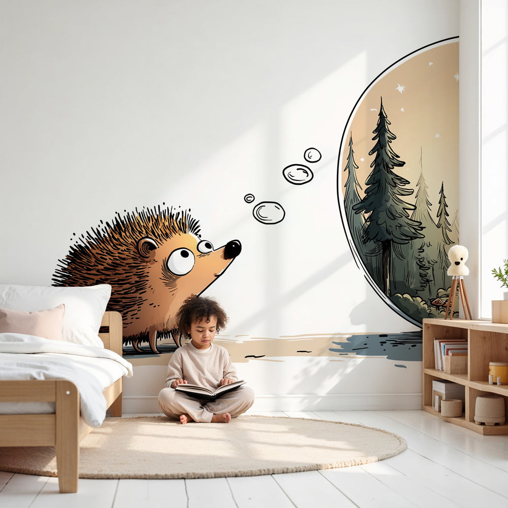 Kids-Mundo hedgehog and magical forest bubble wall mural styled in a soft neutral nursery