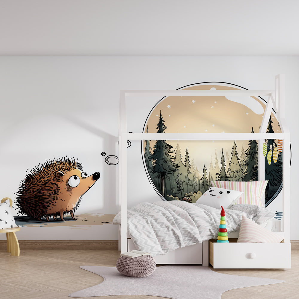 Kids-Mundo hedgehog and forest bubble mural covering a bright, playful children's playroom