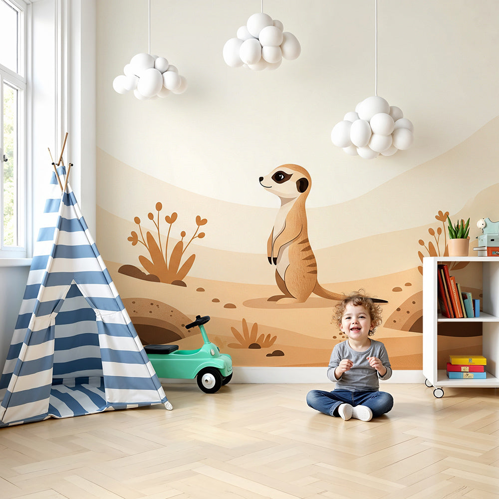 Kids-Mundo meerkat desert wall mural styled above a cot in a warm, sandy-toned nursery.