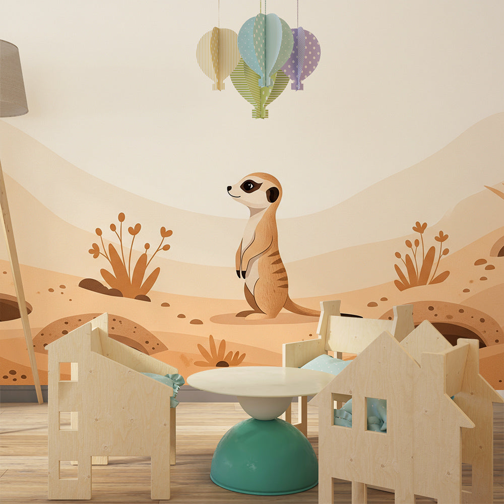 Kids-Mundo desert meerkat wall mural adding a gentle animal scene to a children's playroom.