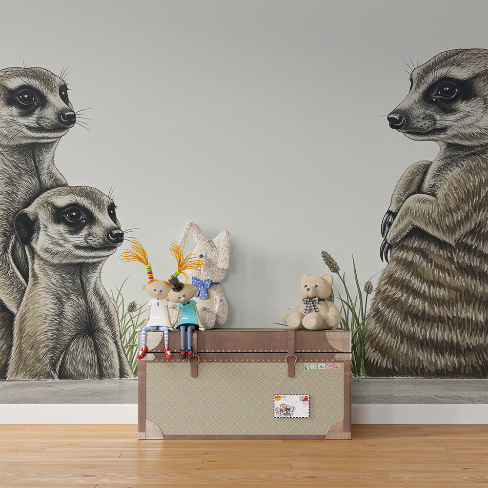 Kids-Mundo meerkat wall mural styled in an animal-loving kids bedroom setting