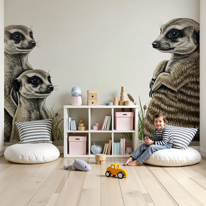 Kids-Mundo meerkat family wall mural in a warm, nature-themed nursery with cot