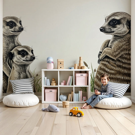 Kids-Mundo meerkat family wall mural in a warm, nature-themed nursery with cot
