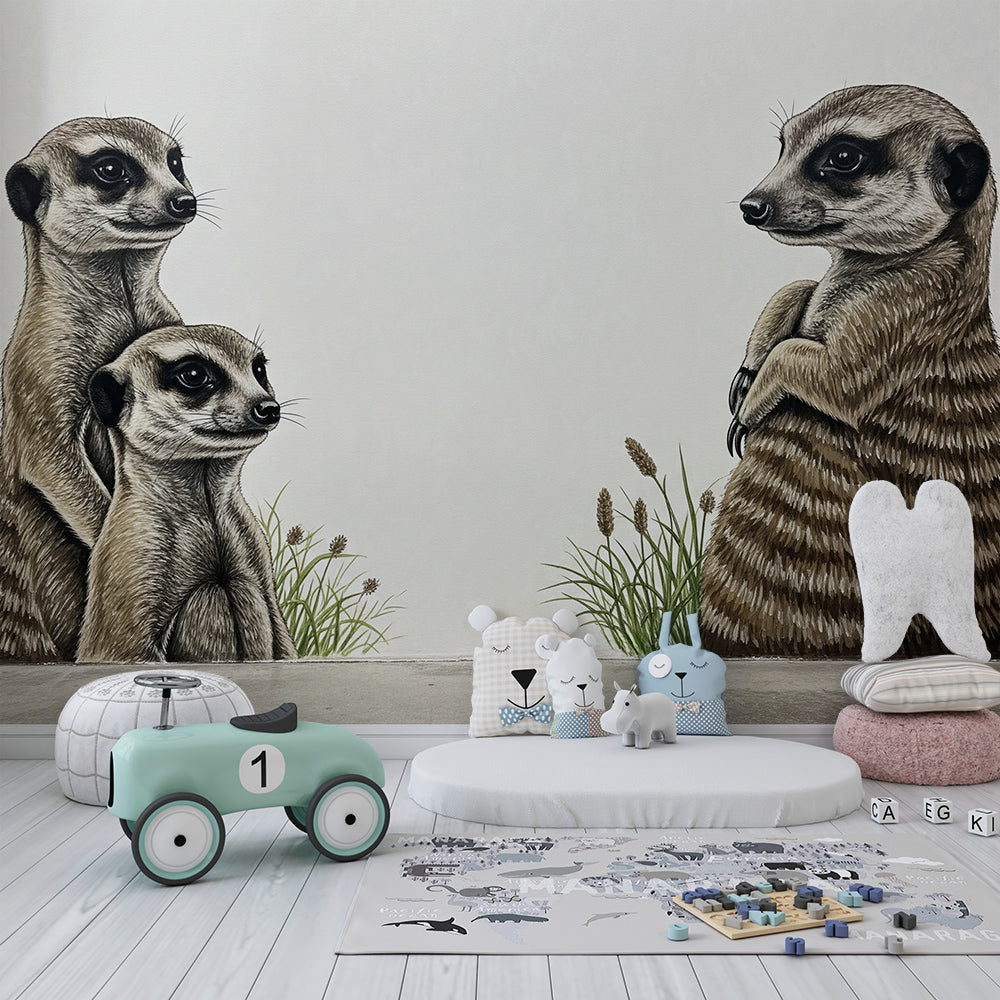Kids-Mundo meerkat family wall mural bringing character to a bright playroom