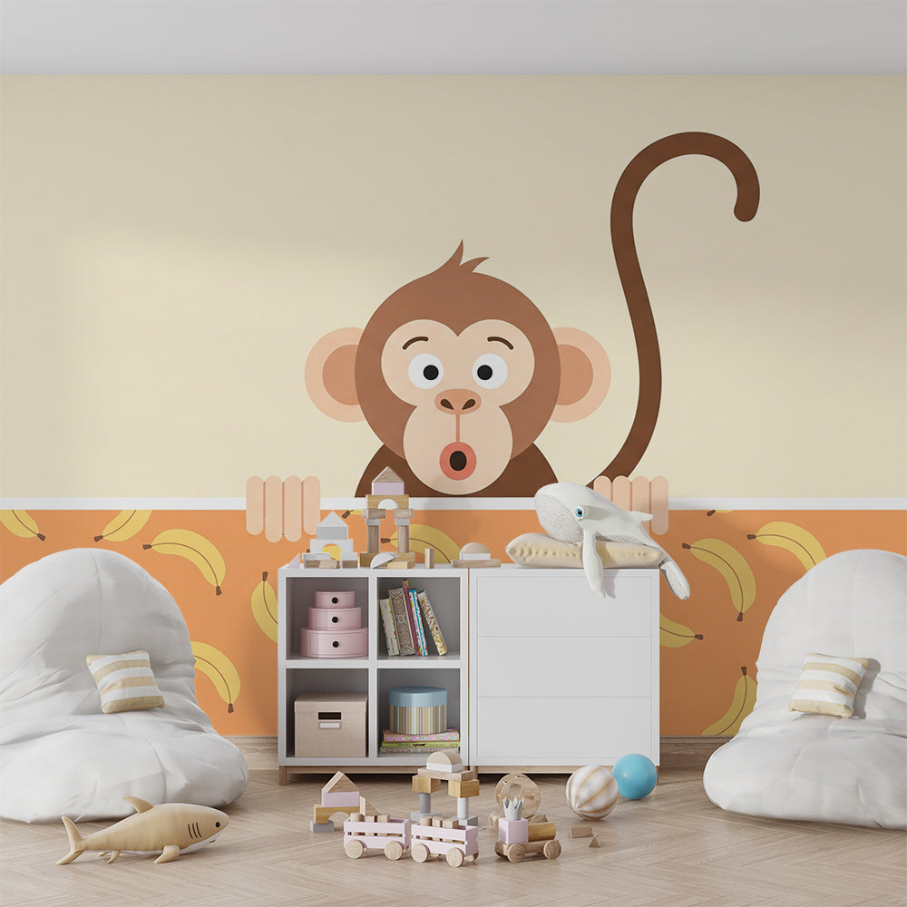 Kids-Mundo curious monkey wall mural behind a bed in a playful kids bedroom.