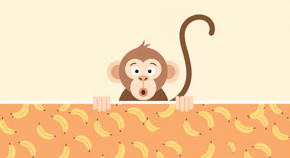 Kids-Mundo flat artwork of a curious monkey peeking over an orange banana pattern wall.
