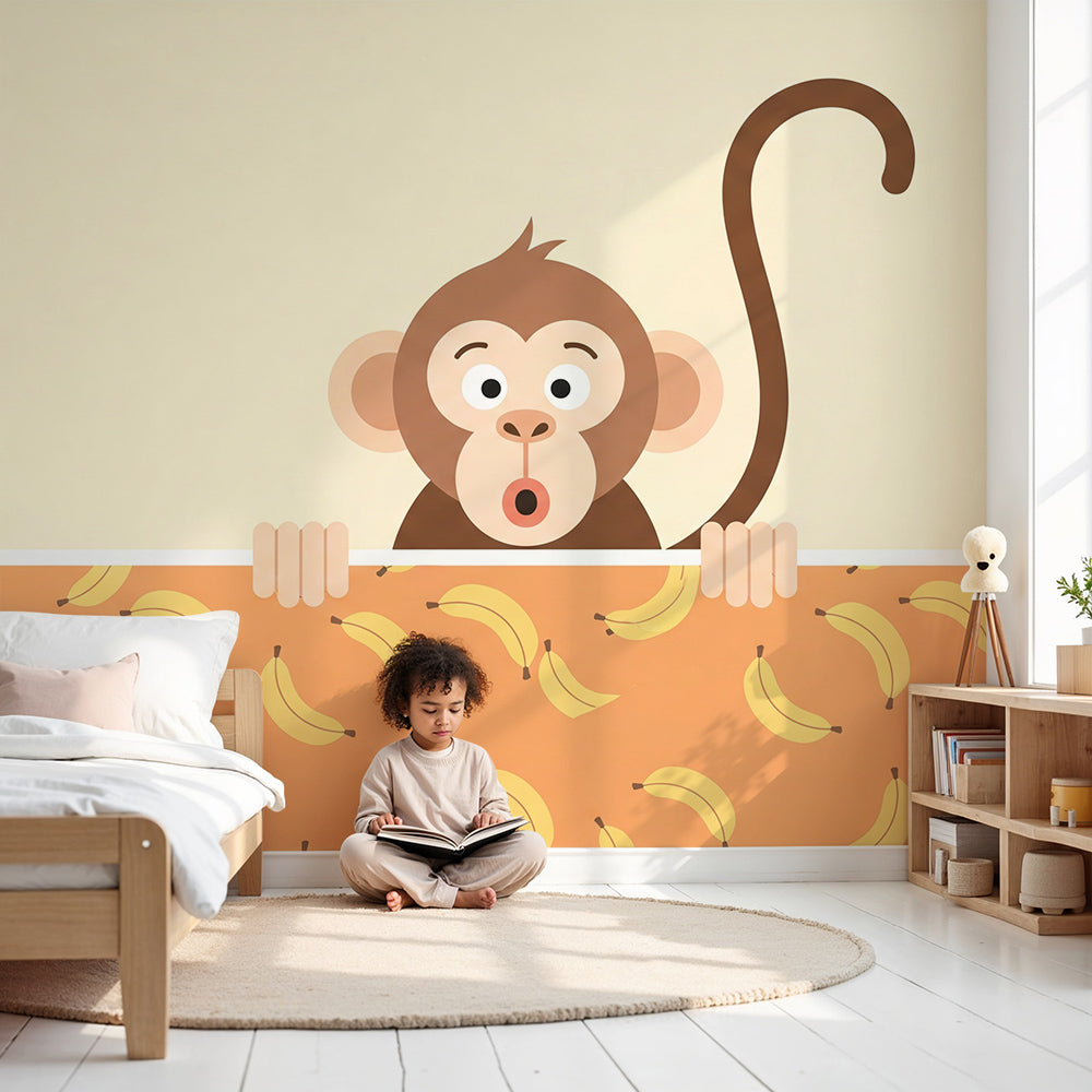 Kids-Mundo monkey wall mural with a banana pattern in a bright, cheerful baby nursery.