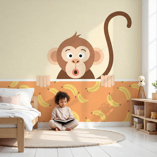 Kids-Mundo monkey wall mural with a banana pattern in a bright, cheerful baby nursery.
