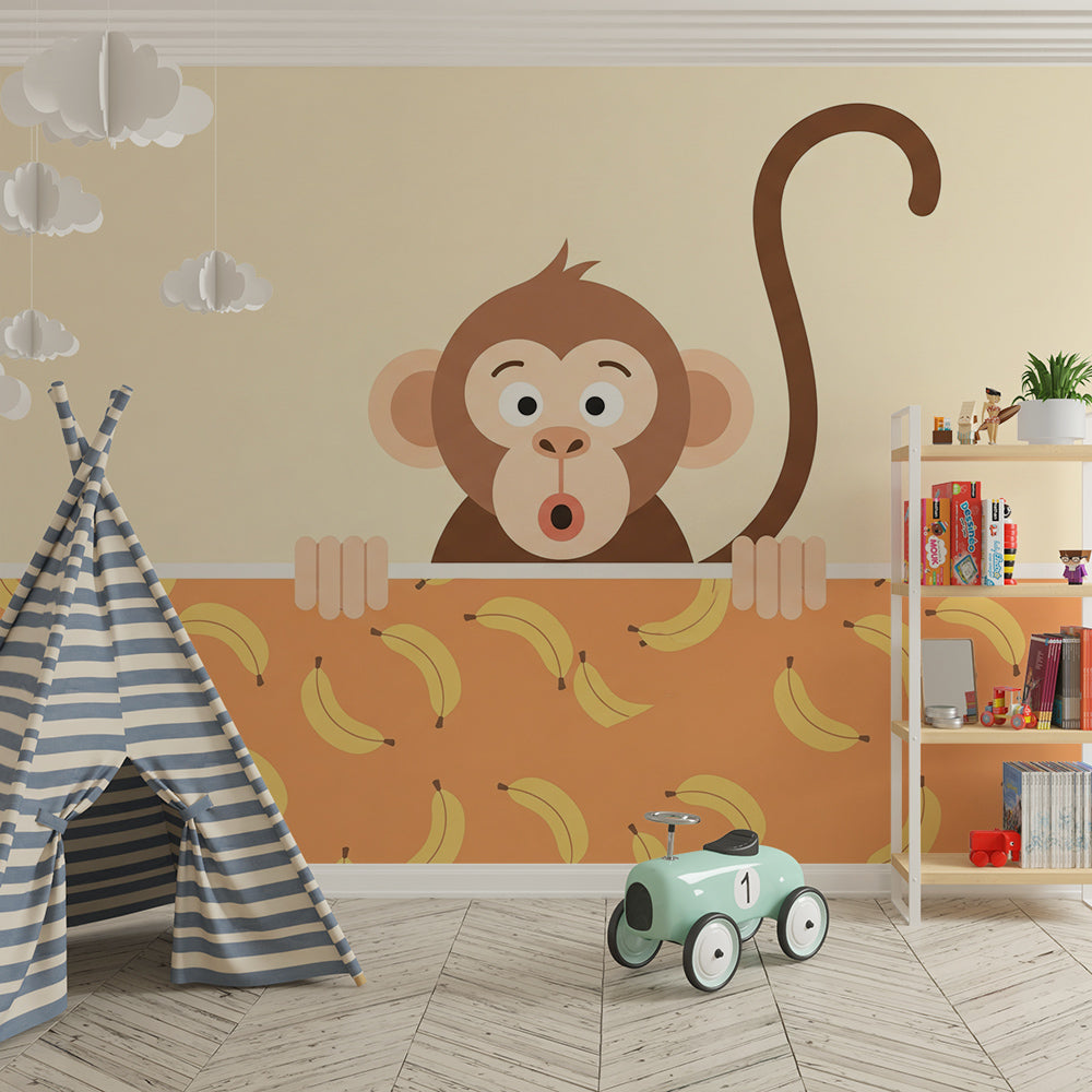Kids-Mundo monkey and banana wall mural adding fun to a warm, colourful playroom.