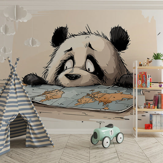 Kids-Mundo sketch-style panda map wall mural on a feature wall in a kids bedroom