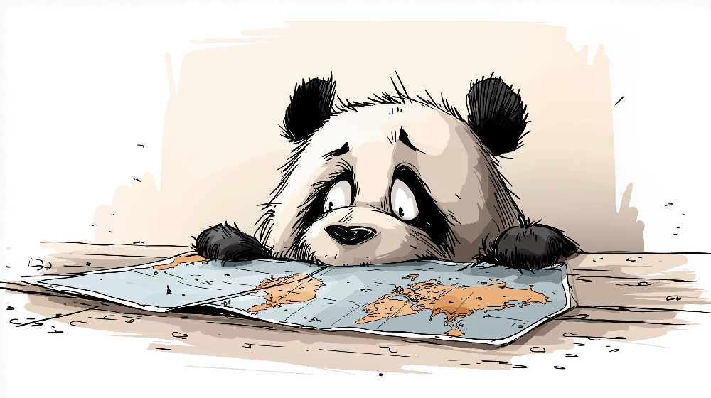 Kids-Mundo flat artwork of a curious panda peeking over a hand-drawn world map