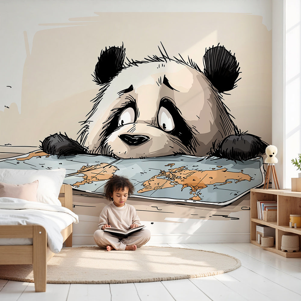 Kids-Mundo curious panda world map wall mural styled in a gentle nursery room