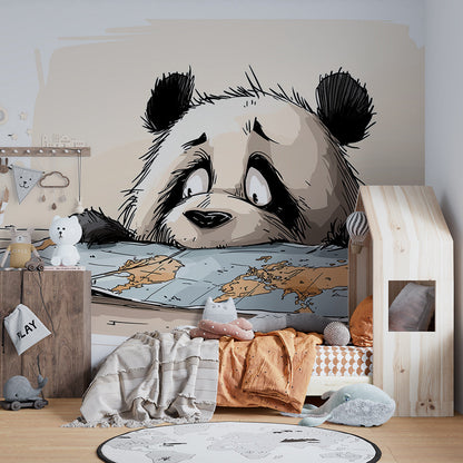 Kids-Mundo curious panda world map mural brightening a cosy children's playroom