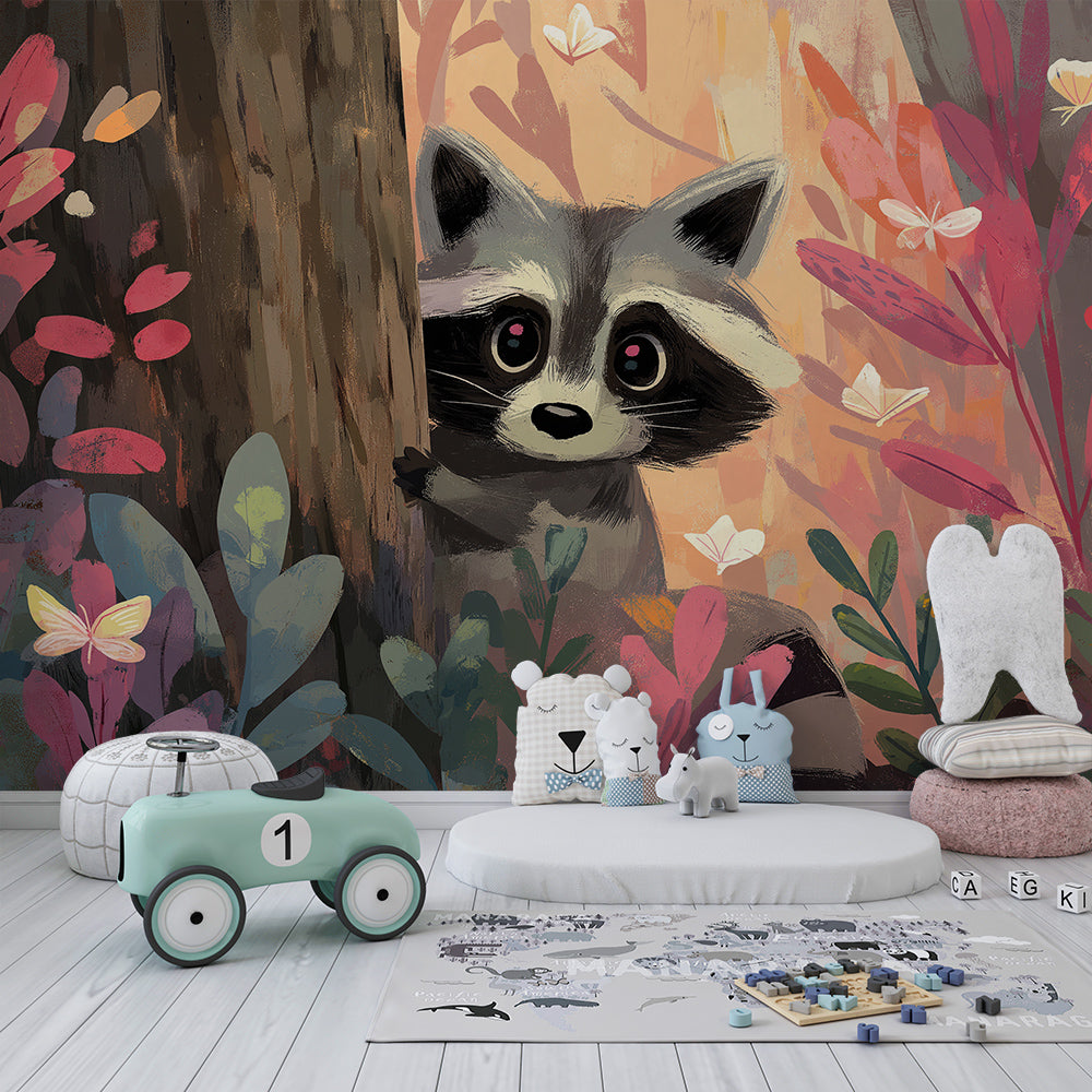 Kids-Mundo curious raccoon wall mural covering a wall in a colourful kids bedroom