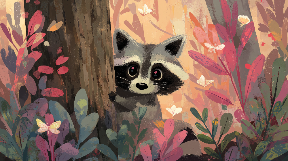 Curious Raccoon in a Colourful Forest Wall Mural