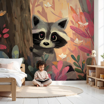 Kids-Mundo raccoon forest wall mural made to measure and installed on a nursery feature wall