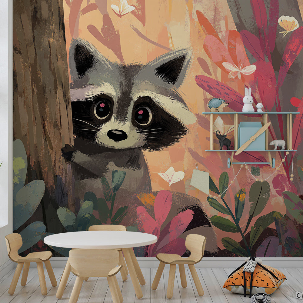 Kids-Mundo woodland raccoon wall mural fitted along a playful children's playroom wall