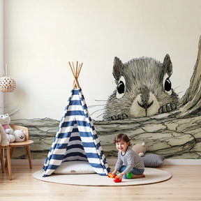Curious squirrel forest mural wallpaper in peaceful nursery setting by Kids-Mundo