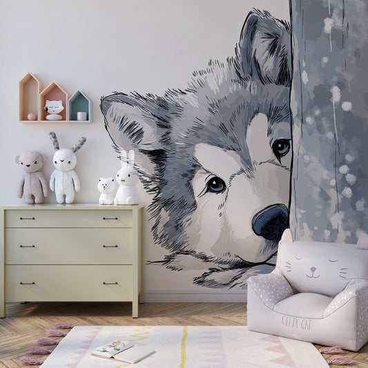 Kids-Mundo snowy wolf pup wall mural featured on a child's bedroom wall