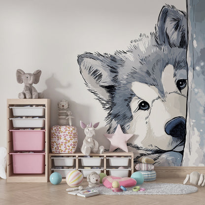 Kids-Mundo curious wolf in the snow wall mural bringing character to a playroom wall