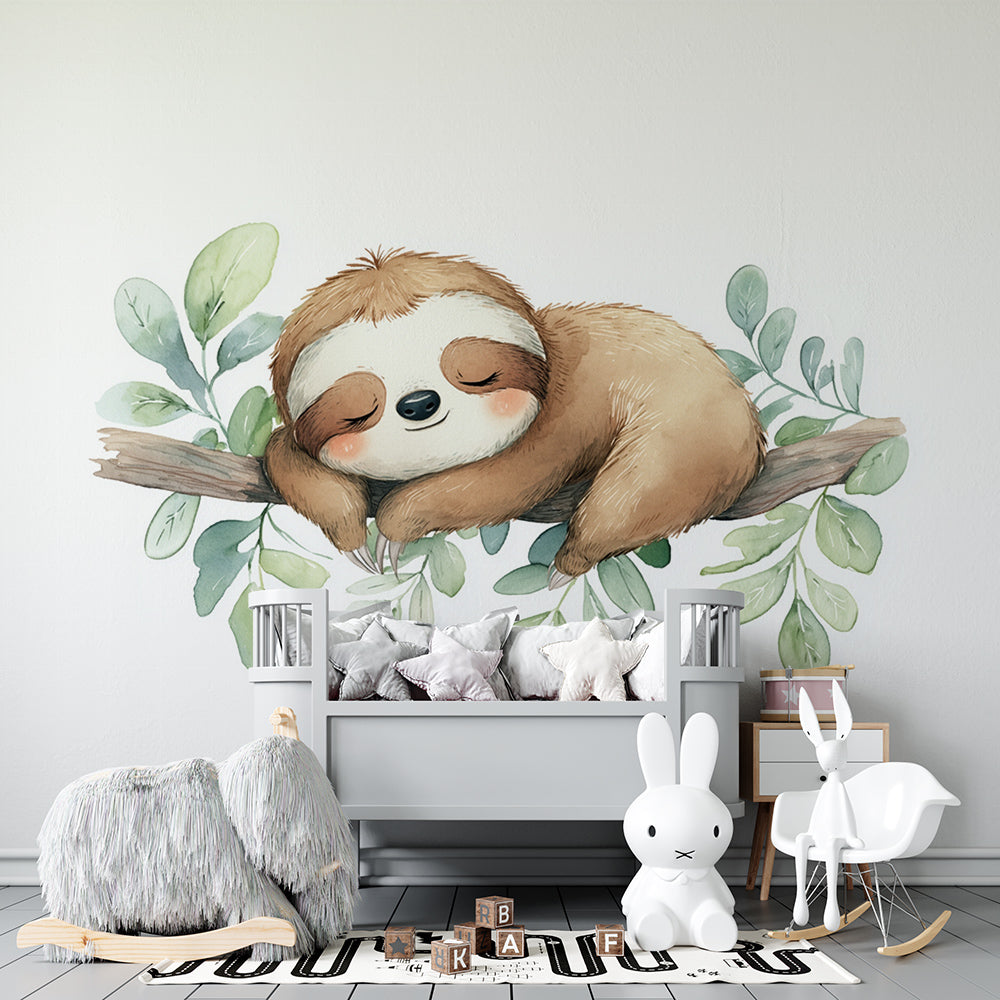 Curled-up sloth wall mural by Kids-Mundo made to measure and hung above a bed in a cosy kids bedroom.