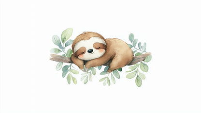 Flat watercolour artwork of the Kids-Mundo curled-up sloth wall mural design with green leaf accents.