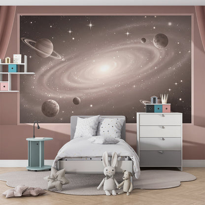Kids-Mundo spiral galaxy window mural as a feature wall in a children's bedroom