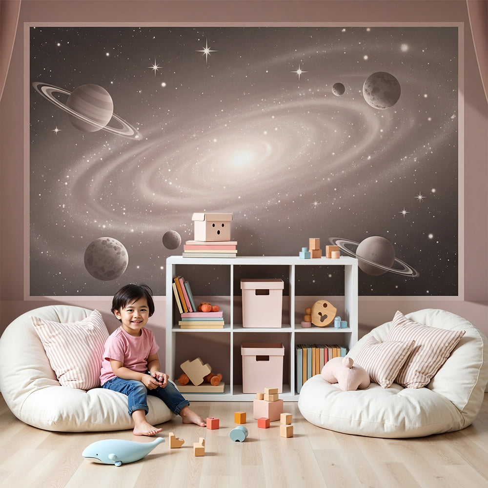 Kids-Mundo curtained galaxy wall mural styled softly behind a cot in a calm nursery