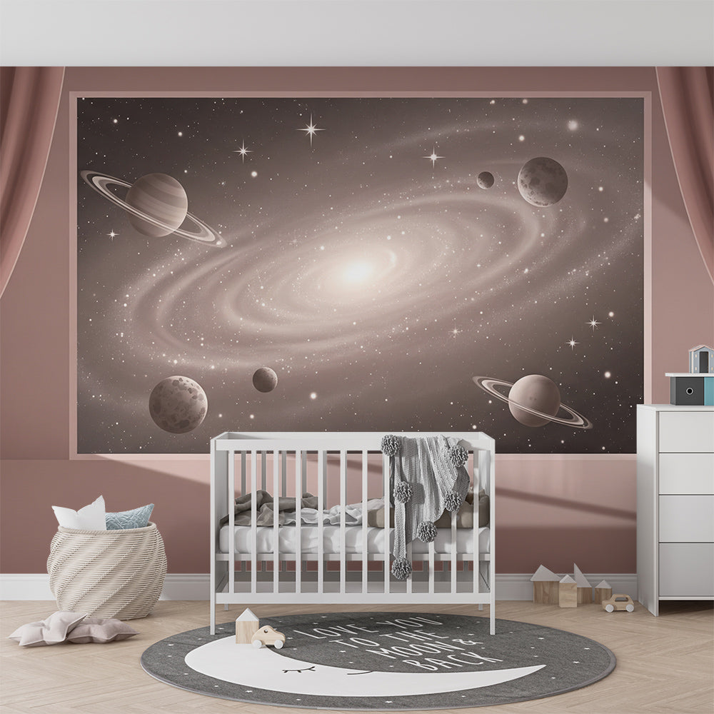 Kids-Mundo curtained galaxy mural brightening a playful children's playroom wall