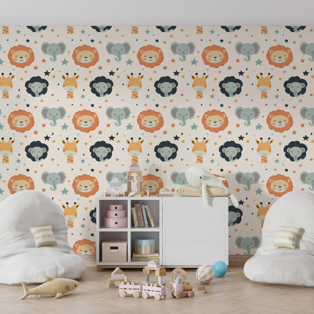 Colorful animal wallpaper creating playful kids bedroom atmosphere with star patterns