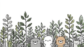 Detailed cute animals mural wallpaper design pattern showing bears, kitten and rabbit in foliage by Kids-Mundo