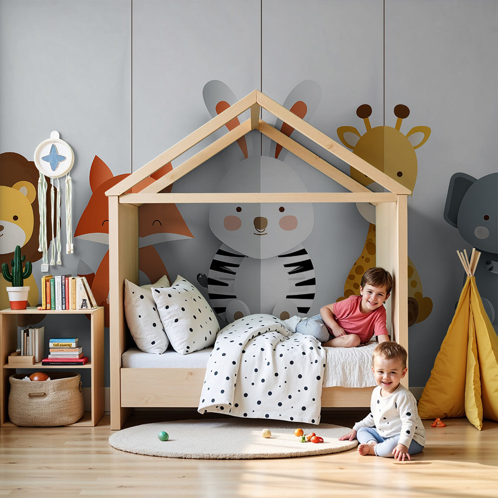 Cute hanging animals mural wallpaper in modern nursery with soft lighting by Kids-Mundo
