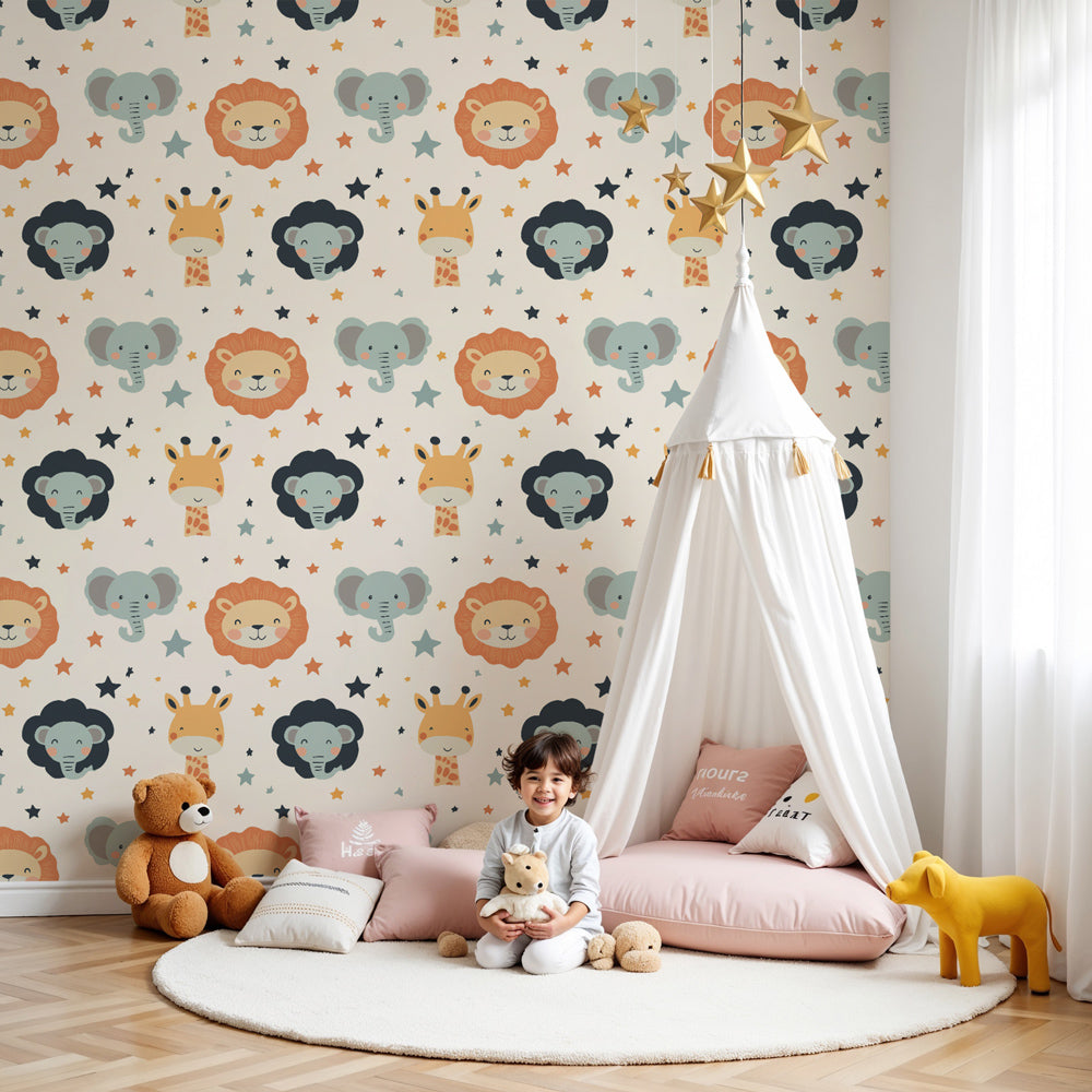 Cute animals and stars mural wallpaper in modern nursery room by Kids-Mundo