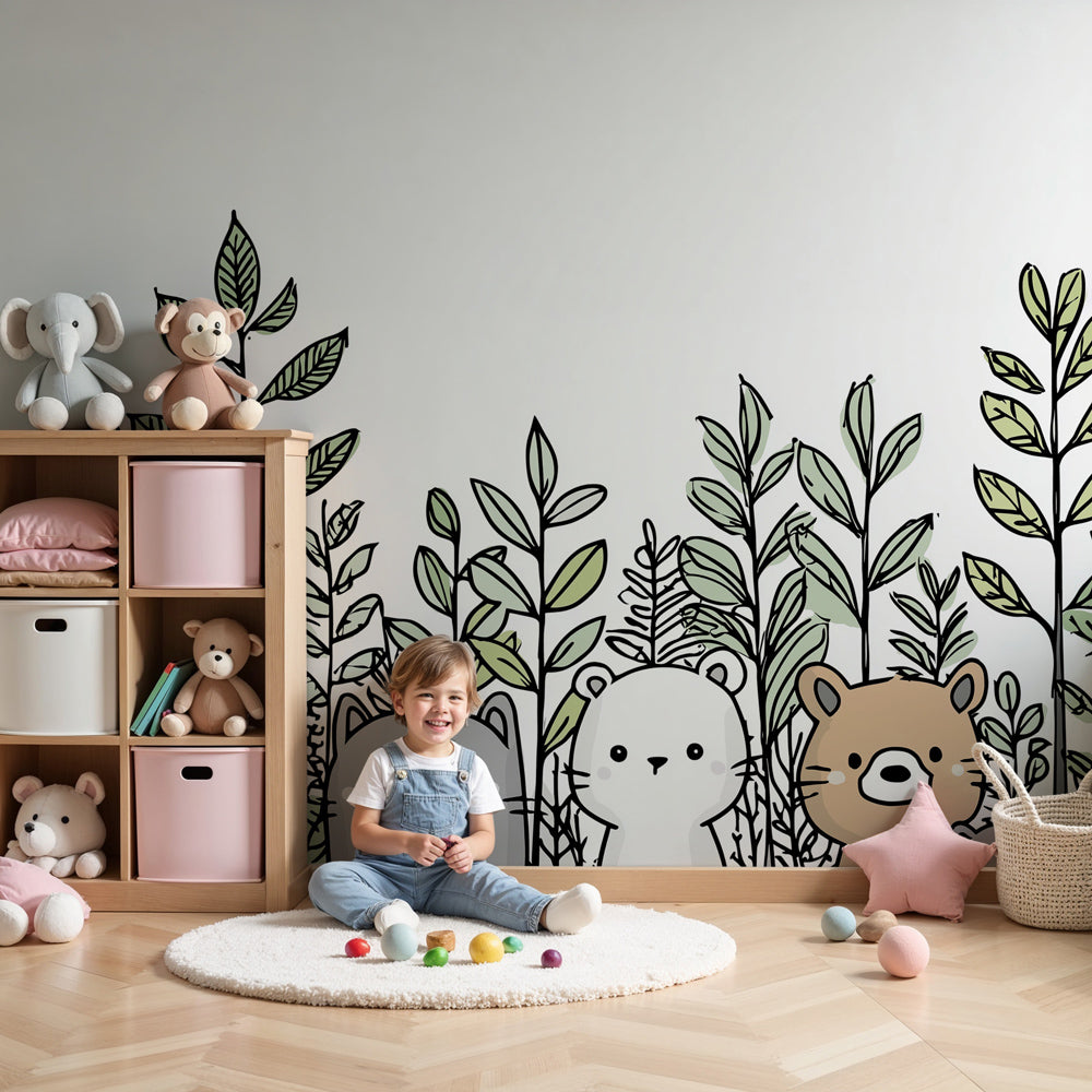 Cute animals mural wallpaper with woodland creatures in modern nursery room by Kids-Mundo