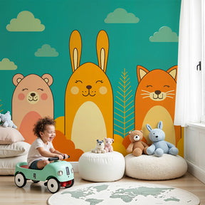 Cute animals mural wallpaper with smiling creatures decorating a bright nursery room by Kids-Mundo